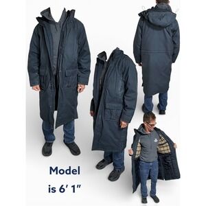 Vintage LL Bean Mens Long Parka Jacket Navy Blue Plaid Lined Hooded GORE-TEX